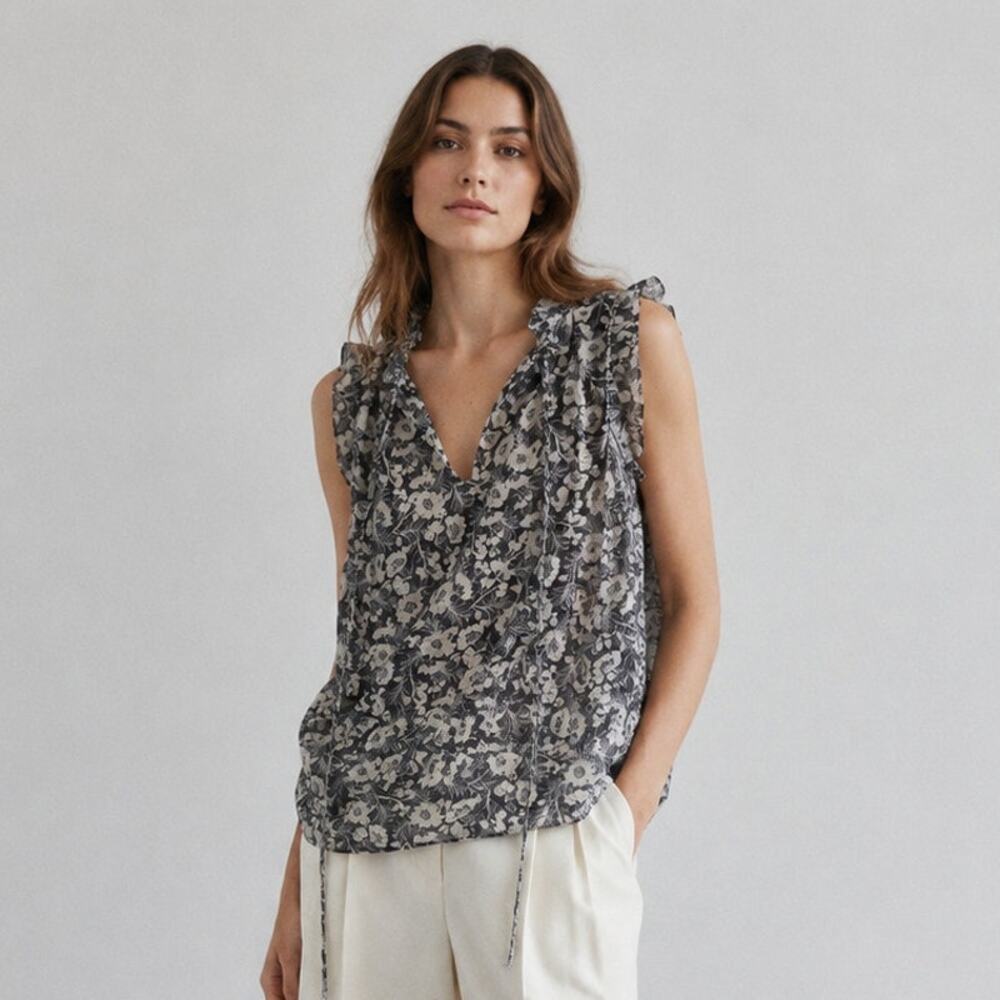 Misa Floral Ruffle Detail Navy/White Blouse Top, size M